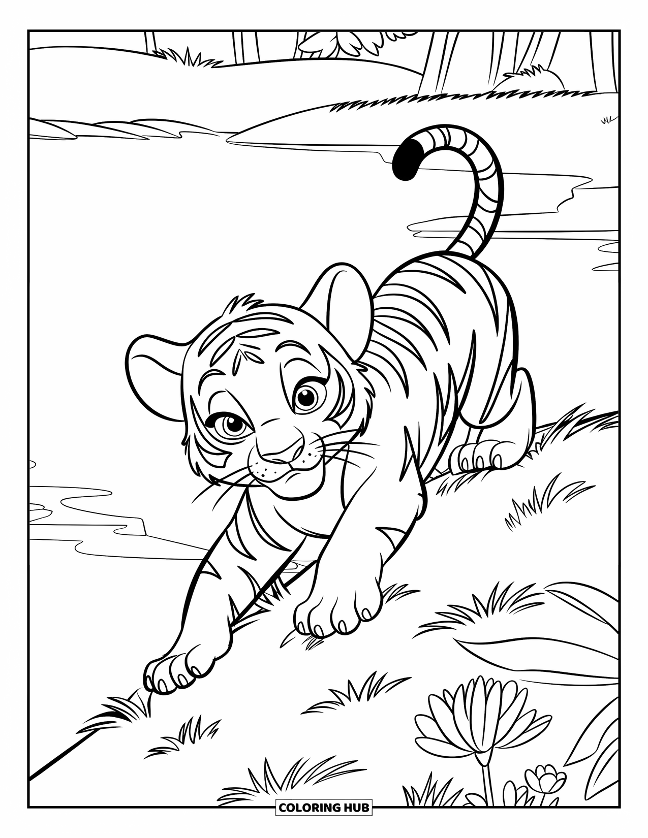 Dibujo para colorear de tigre bebé para niños: Un cachorro de tigre escala una pequeña colina con flores y árboles cerca