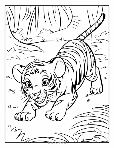 Tegning af babytiger til børn: Tigerunge snipper sig frem gennem tæt jungelunderskov, klar til action