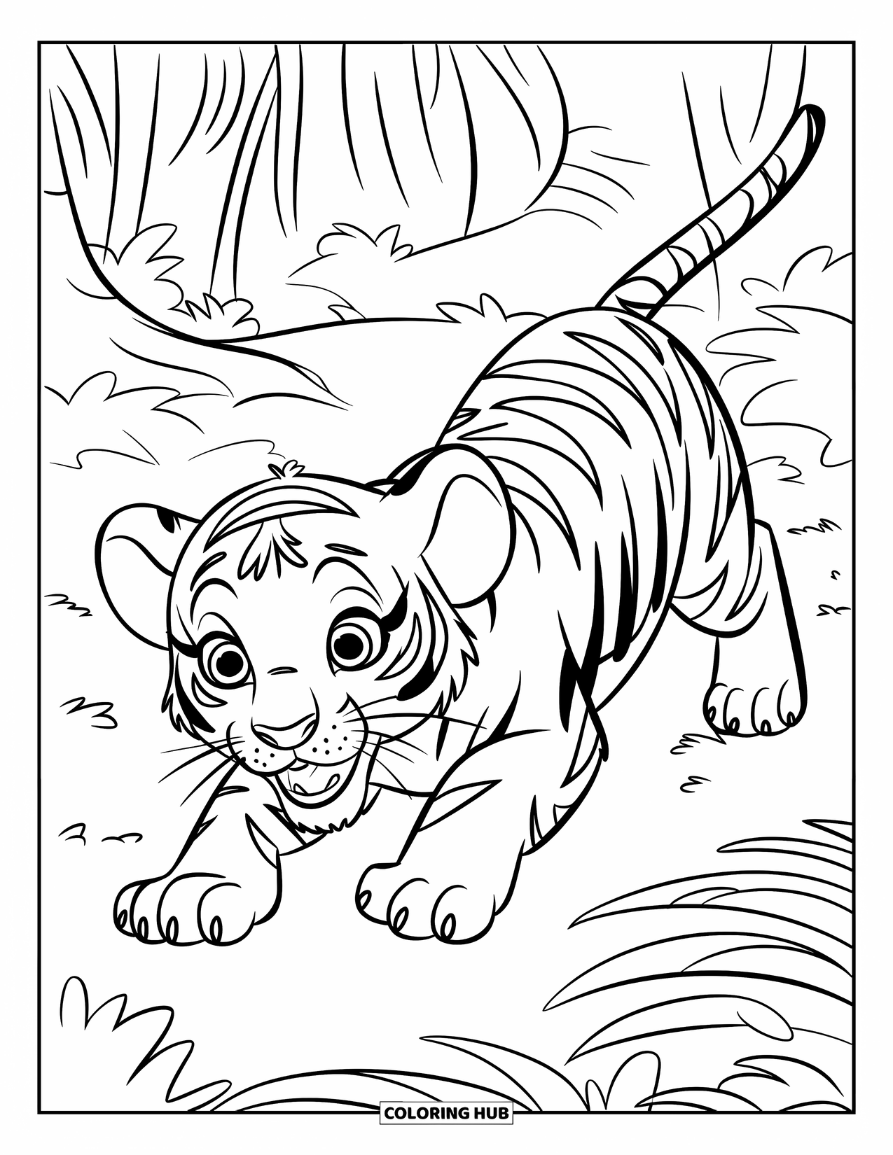 Dibujo para colorear de tigre bebé para niños: Un cachorro de tigre se arrastra a través de la espesa maleza de la jungla, listo para la acción