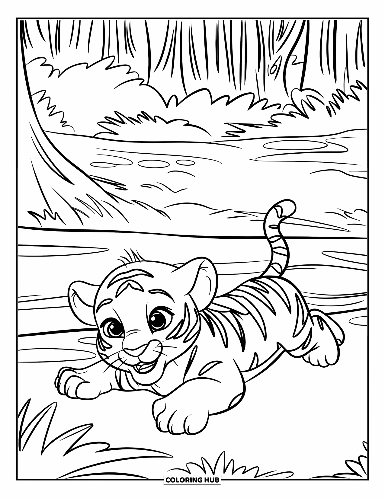 Dibujo para colorear de tigre bebé para niños: Un cachorro de tigre yace junto a un tronco en una pose juguetona en un sendero del bosque