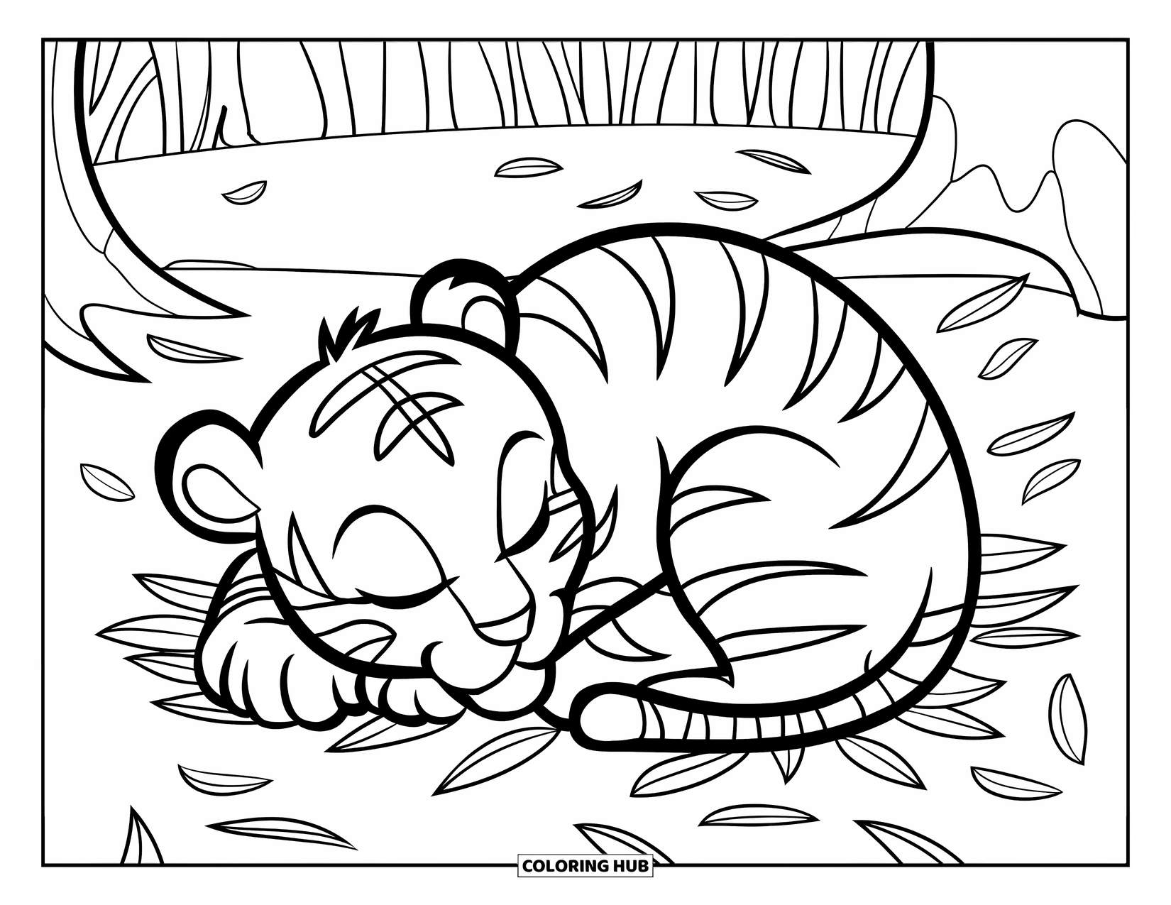 Dibujo para colorear de tigre bebé para niños: Un cachorro de tigre duerme profundamente en el suelo frondoso de un bosque