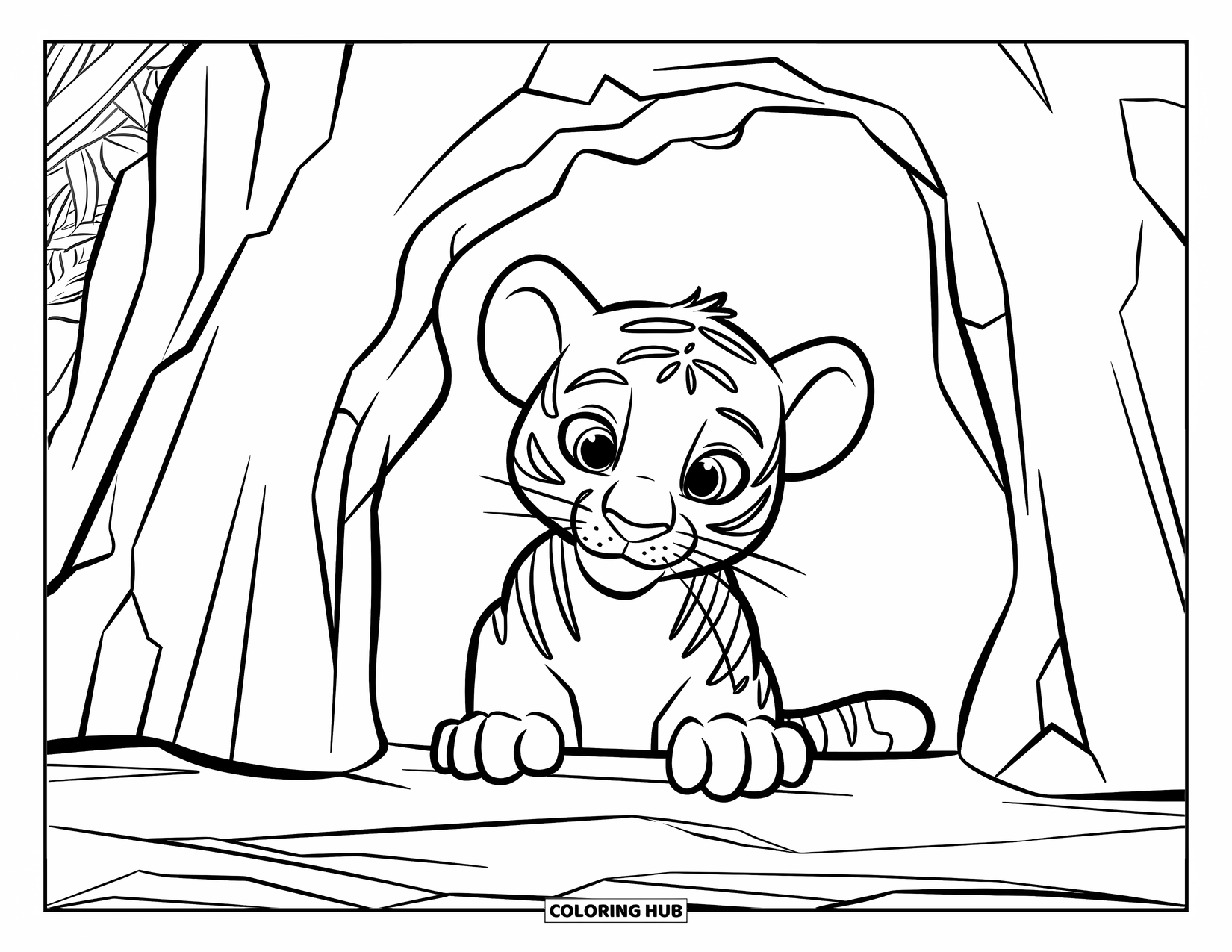Dibujo para colorear de tigre bebé para niños: Un cachorro de tigre asoma por una cueva oscura con ojos grandes y curiosos