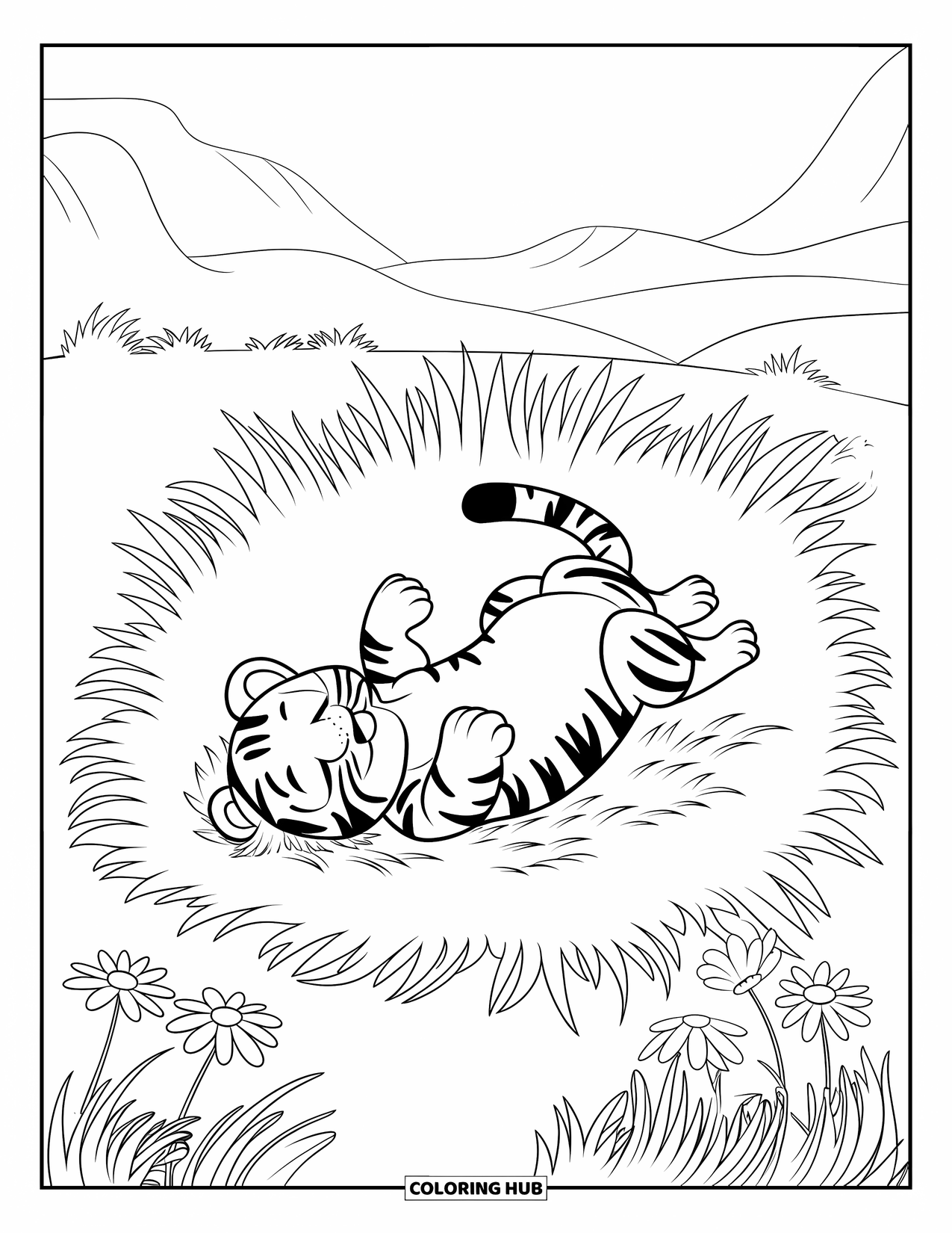 Dibujo para colorear de tigre bebé para niños: Un cachorro de tigre rueda felizmente en la hierba suave cerca de una vista a la montaña