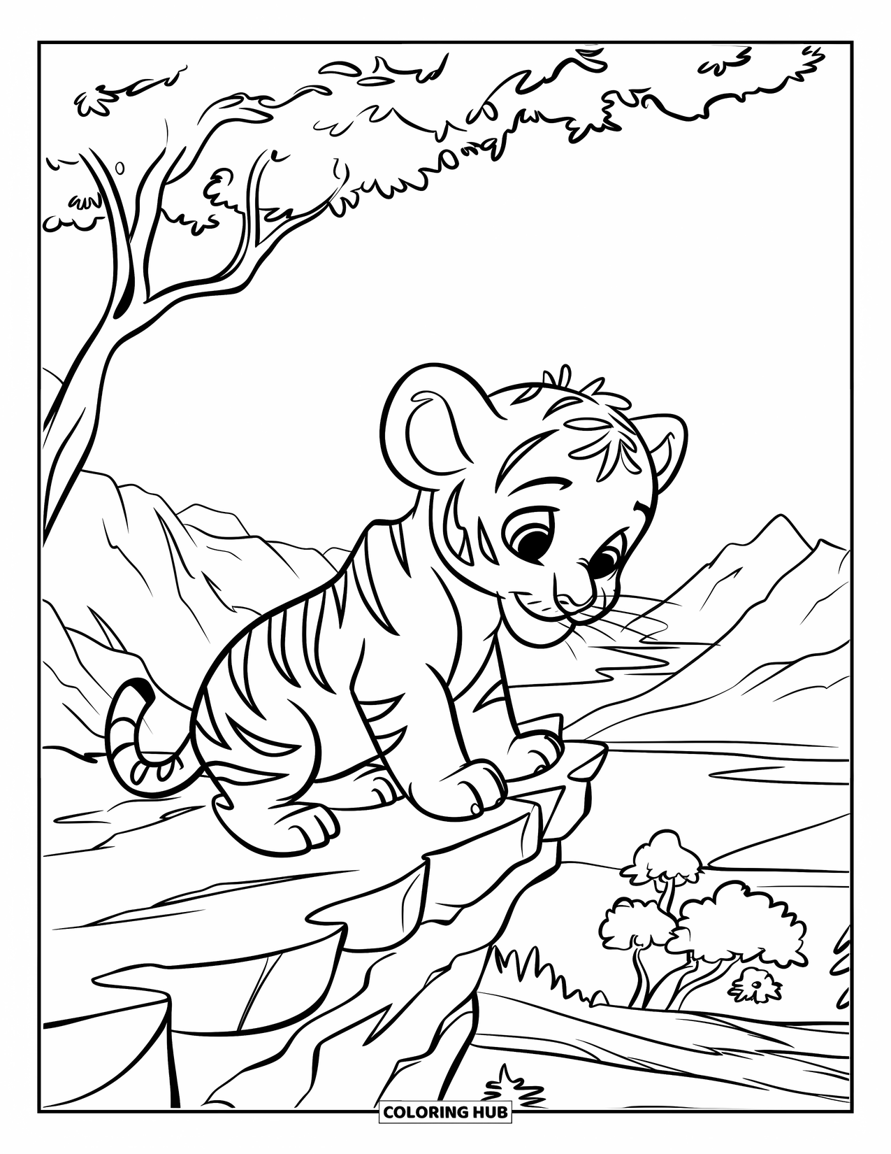 Dibujo para colorear de tigre bebé para niños: Un cachorro de tigre se sienta en lo alto de una cornisa rocosa, mirando la vista
