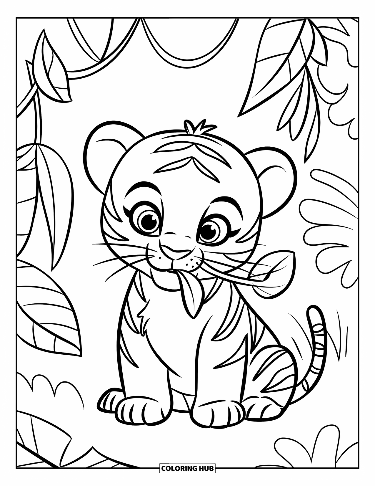 Dibujo para colorear de tigre bebé para niños: Un cachorro de tigre se sienta en la jungla, masticando suavemente una hoja
