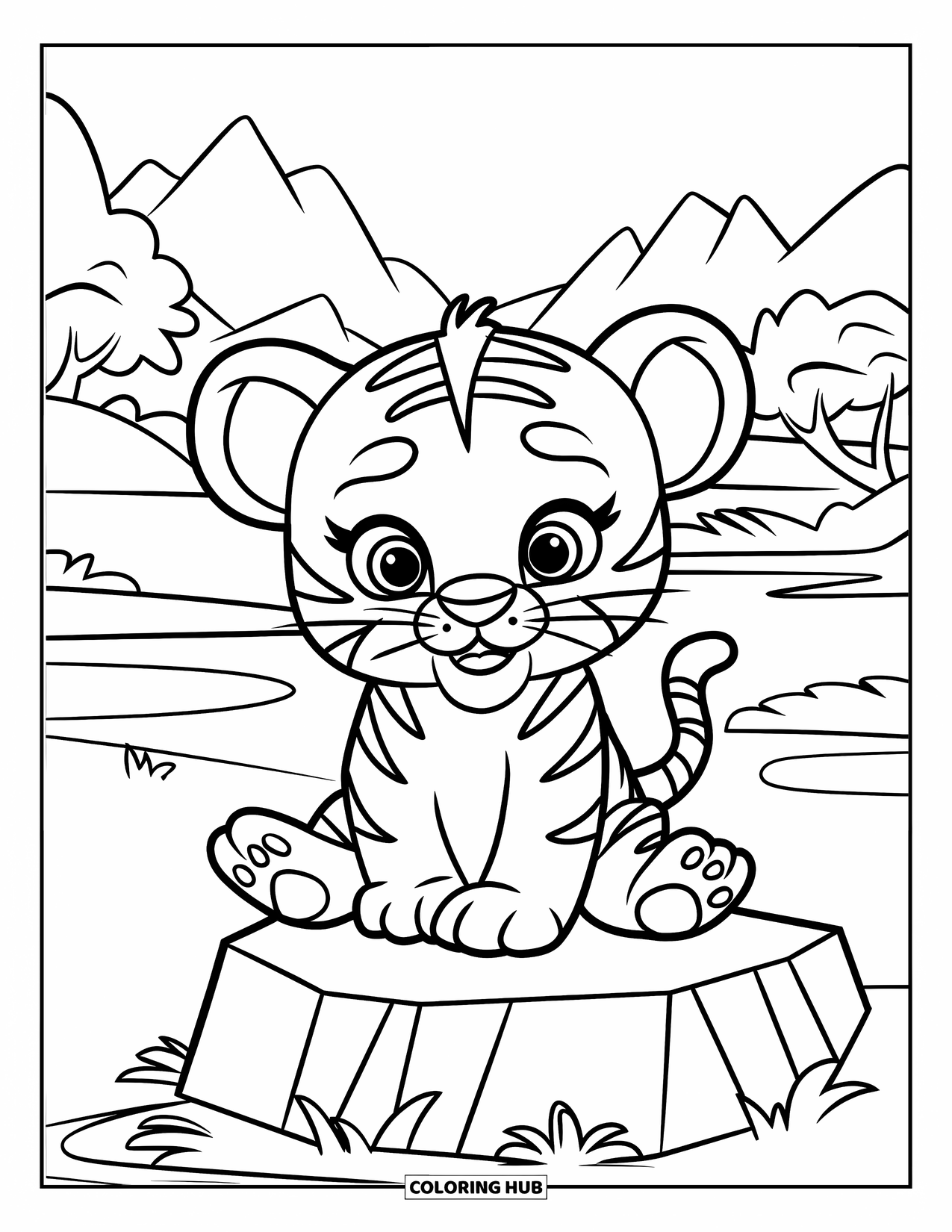Dibujo para colorear de tigre bebé para niños: Un cachorro de tigre se sienta en una roca con las patas extendidas cerca de una vista tranquila a la montaña