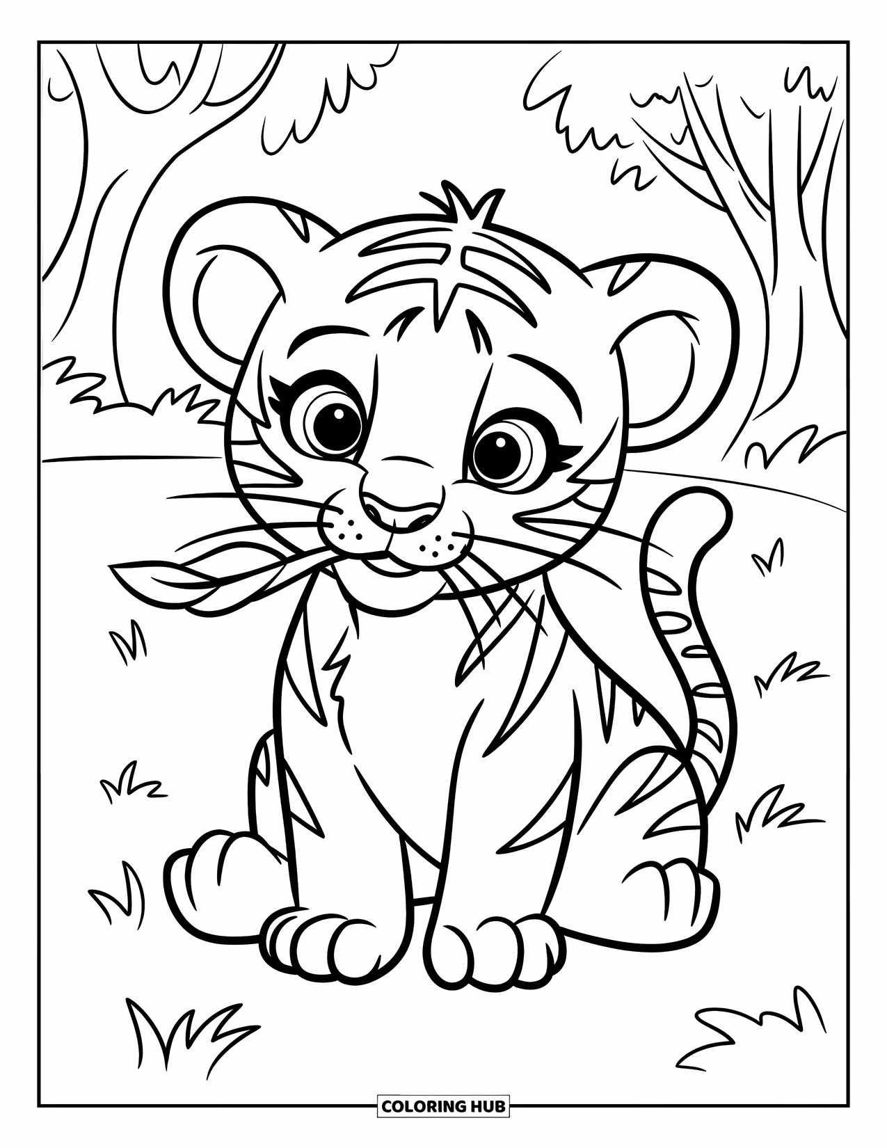 Dibujo para colorear de tigre bebé para niños: Un cachorro de tigre se sienta con una hoja en la boca, luciendo dulce