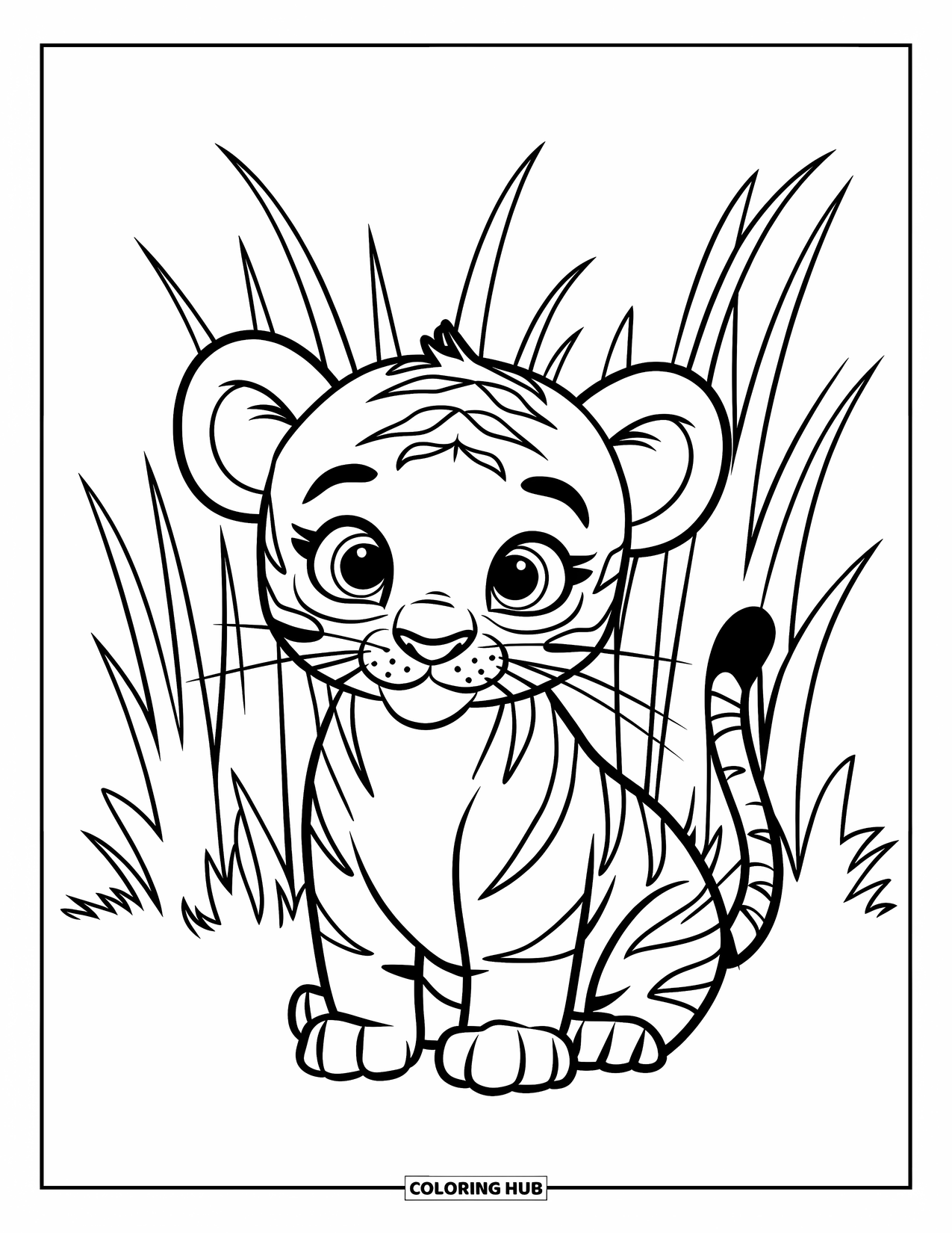 Dibujo para colorear de tigre bebé para niños: Un cachorro de tigre se sienta con la cola enroscada frente a la hierba alta