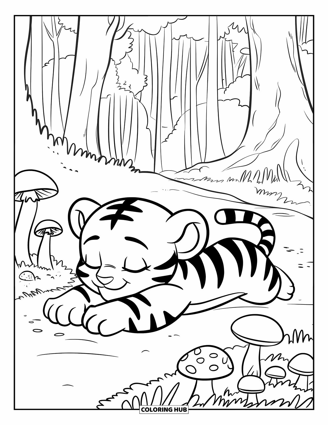 Dibujo para colorear de tigre bebé para niños: Un cachorro de tigre se estira cerca de champiñones con los ojos cerrados y relajado