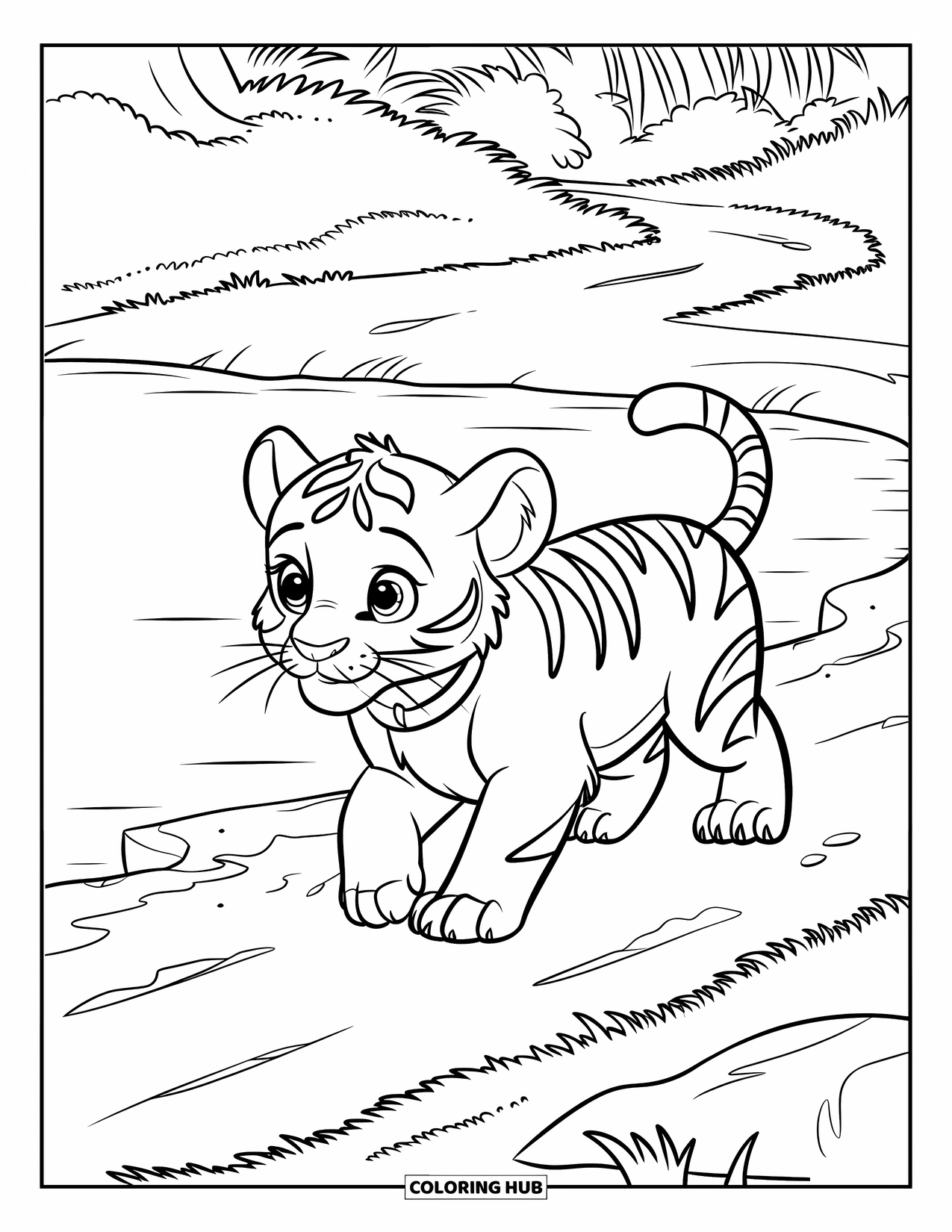 Dibujo para colorear de tigre bebé para niños: Un cachorro de tigre pasea junto al río, luciendo un lindo collar