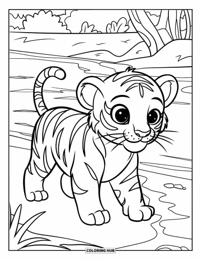 Tegning af babytiger til børn: Tigerunge går langs en flod med træer og sten i nærheden