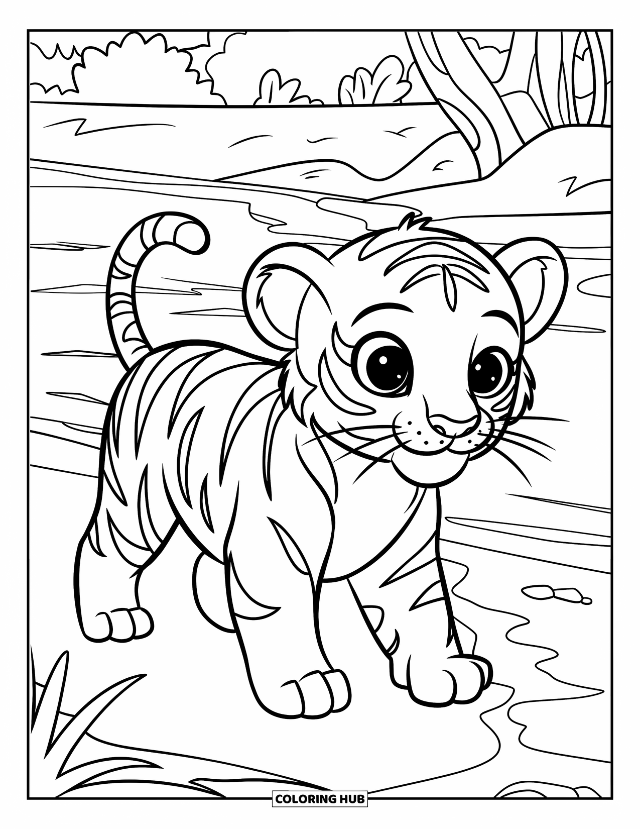 Dibujo para colorear de tigre bebé para niños: Un cachorro de tigre camina junto a un río con árboles y rocas cerca