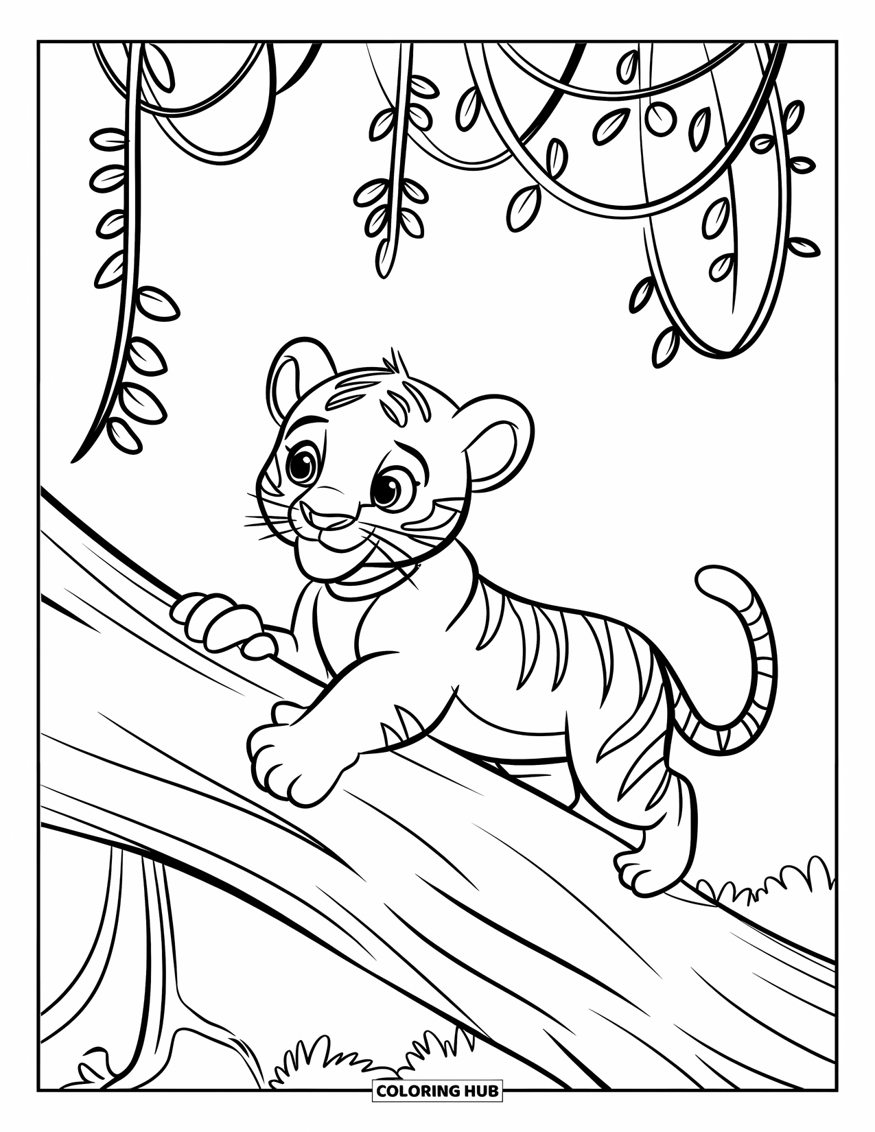Dibujo para colorear de tigre bebé para niños: Un cachorro de tigre con un collar escala un árbol en el bosque
