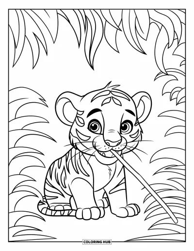 Tegning af babytiger til børn: Tigerunge med store øjne tygger på en pind i junglen