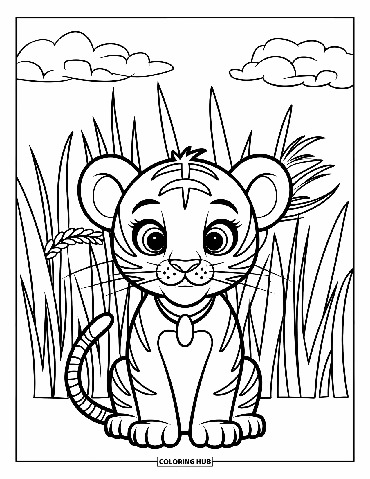 Dibujo para colorear de tigre bebé para niños: Un tigre con ojos grandes y orejas puntiagudas se sienta en un campo cubierto de hierba
