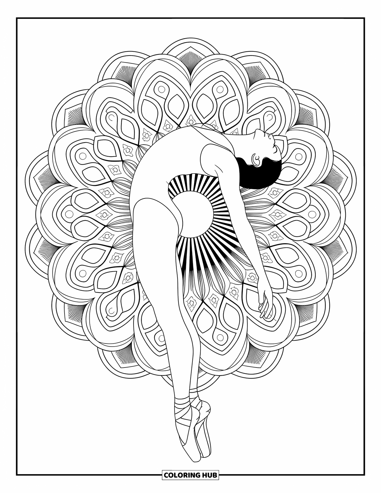 Ballerina Coloring Page for Adults: A ballerina in backbend pose is surrounded by layered circular shapes and flowing patterns