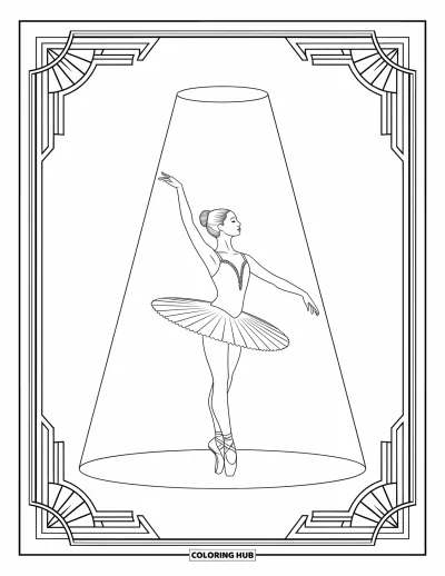 Balerina kifestő felnőtteknek: Egy balerina arabeszk pózban áll finom Art Deco keretek és kecses formák között