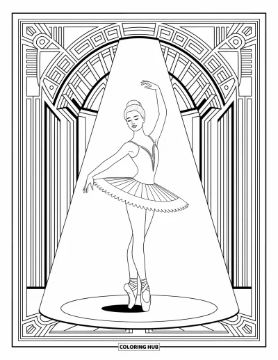 Balerina kifestő felnőtteknek: Egy balerina reflektorfényben áll, elegáns Art Deco formák és finom részletek keretezik