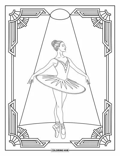 Balerina kifestő felnőtteknek: Egy balerina reflektorfényben áll, Art Deco keretek övezik elegáns pózát