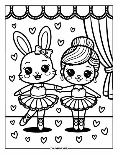 Balerina kifestő felnőtteknek: Egy nyuszi és chibi balerina együtt táncol, szív alakú konfetti lebeg körülöttük