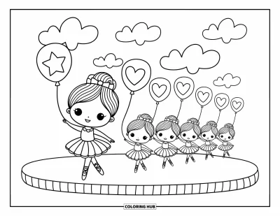 Balerina kifestő felnőtteknek: Egy chibi balerina apró lufi-tartó táncosokat vezet egy álomszerű, felhős színpadon