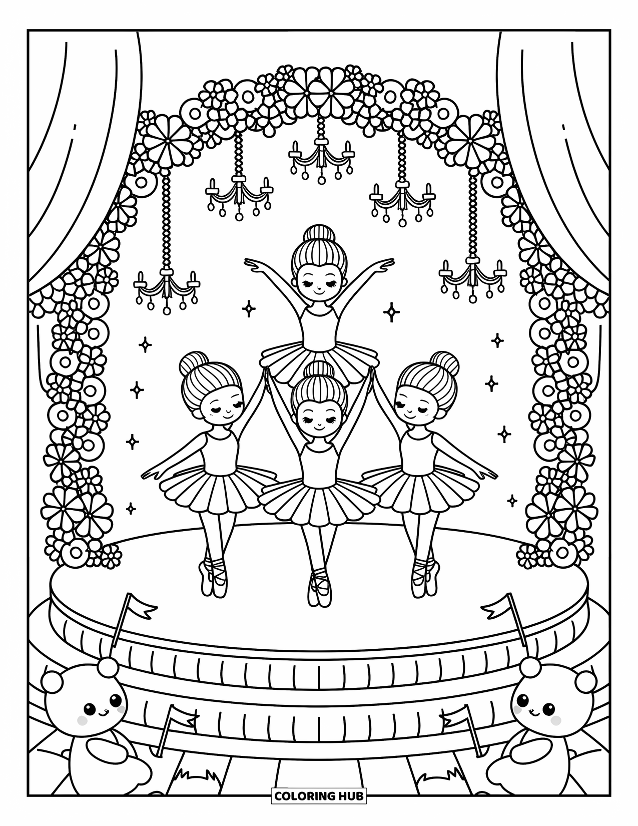 Ballerina Coloring Page for Adults: Tiny ballerinas create a pyramid on stage while plush toys cheer with little flags