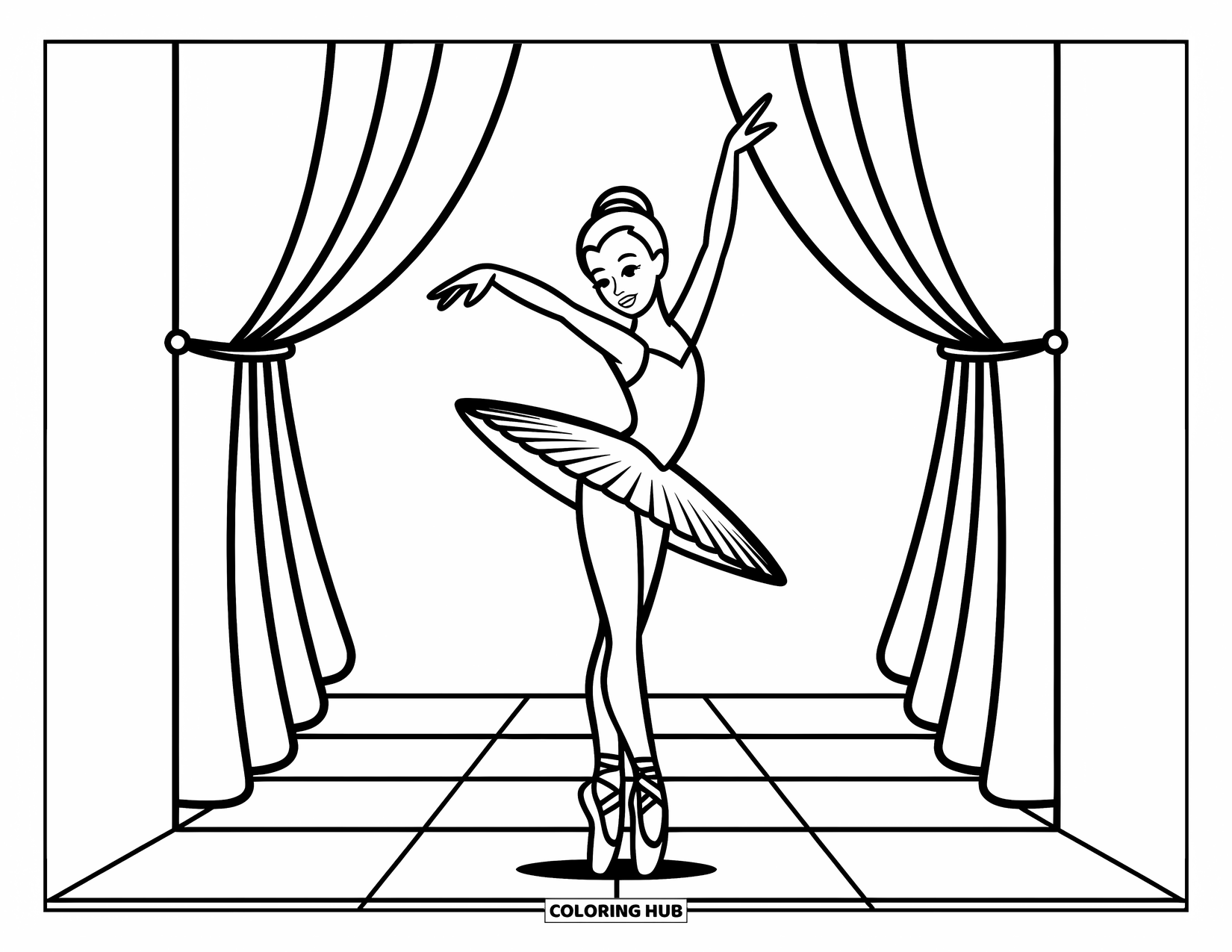 Ballerina Coloring Page for Kids: A ballerina bows gently on stage as elegant curtains frame the background