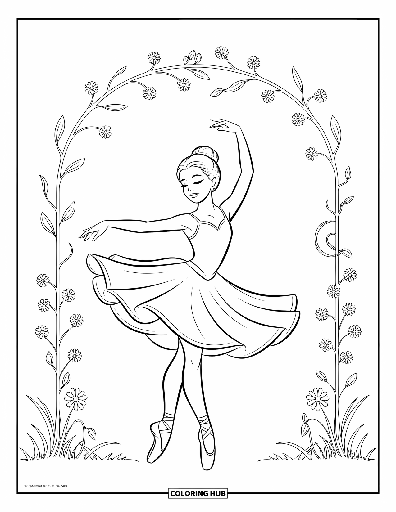 Ballerina Coloring Page for Kids: A ballerina dances in front of an arch of swirling flowers and delicate patterns