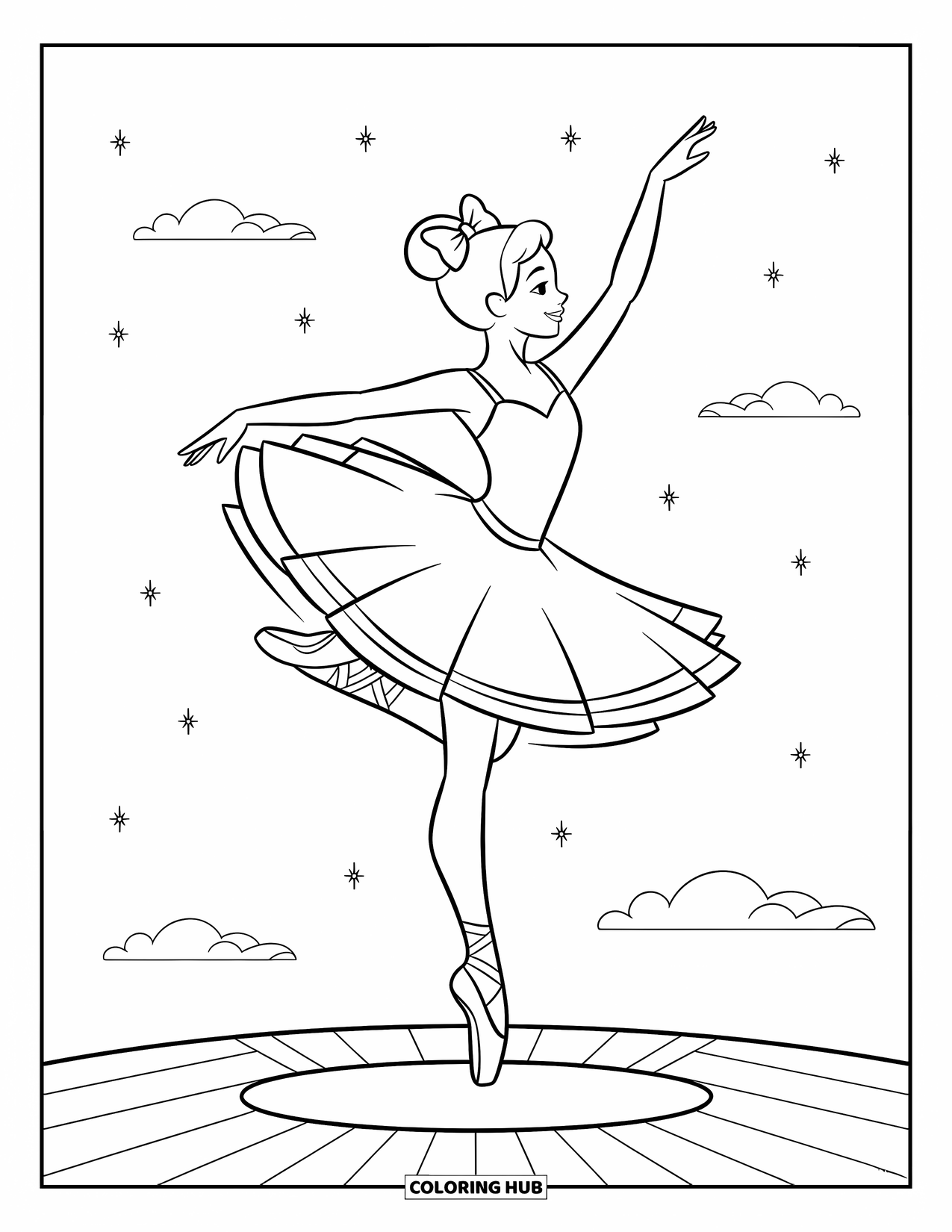 Ballerina Coloring Page for Kids: A ballerina jumps gracefully with stars and clouds floating around her
