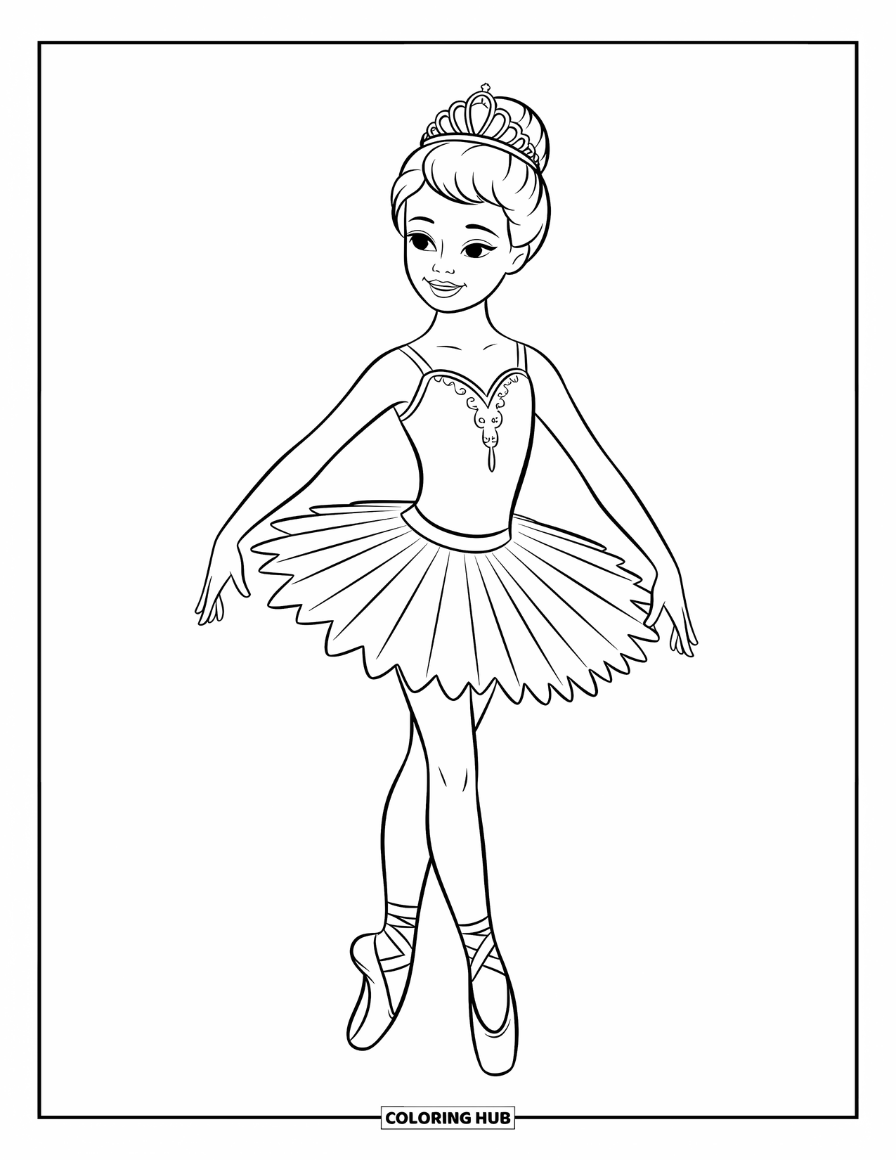 Ballerina Coloring Page for Kids: A ballerina poses in fifth position wearing a tiara, her stance full of grace