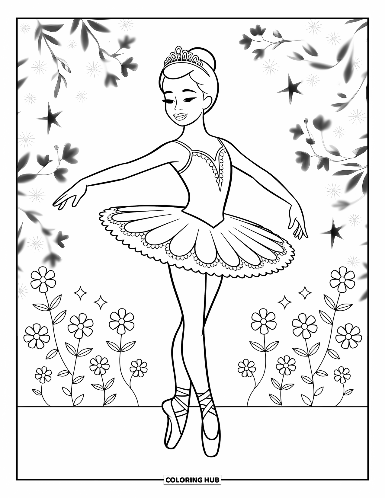Ballerina Coloring Page for Kids: A ballerina poses in fifth position while stars and flowers gently fill the background