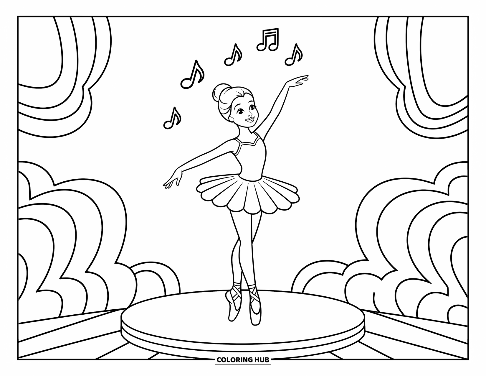 Ballerina Coloring Page for Kids: A ballerina poses on a round stage with cheerful notes dancing in the air