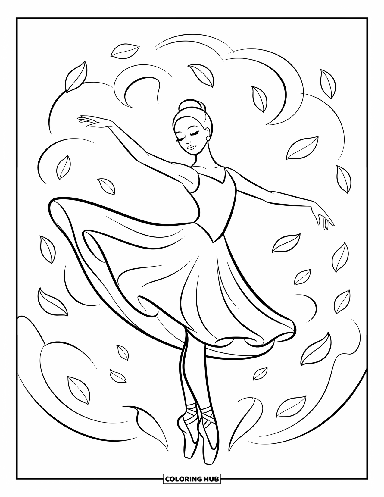 Ballerina Coloring Page for Kids: A ballerina stands in floating petals, her dress flowing in soft, elegant curves