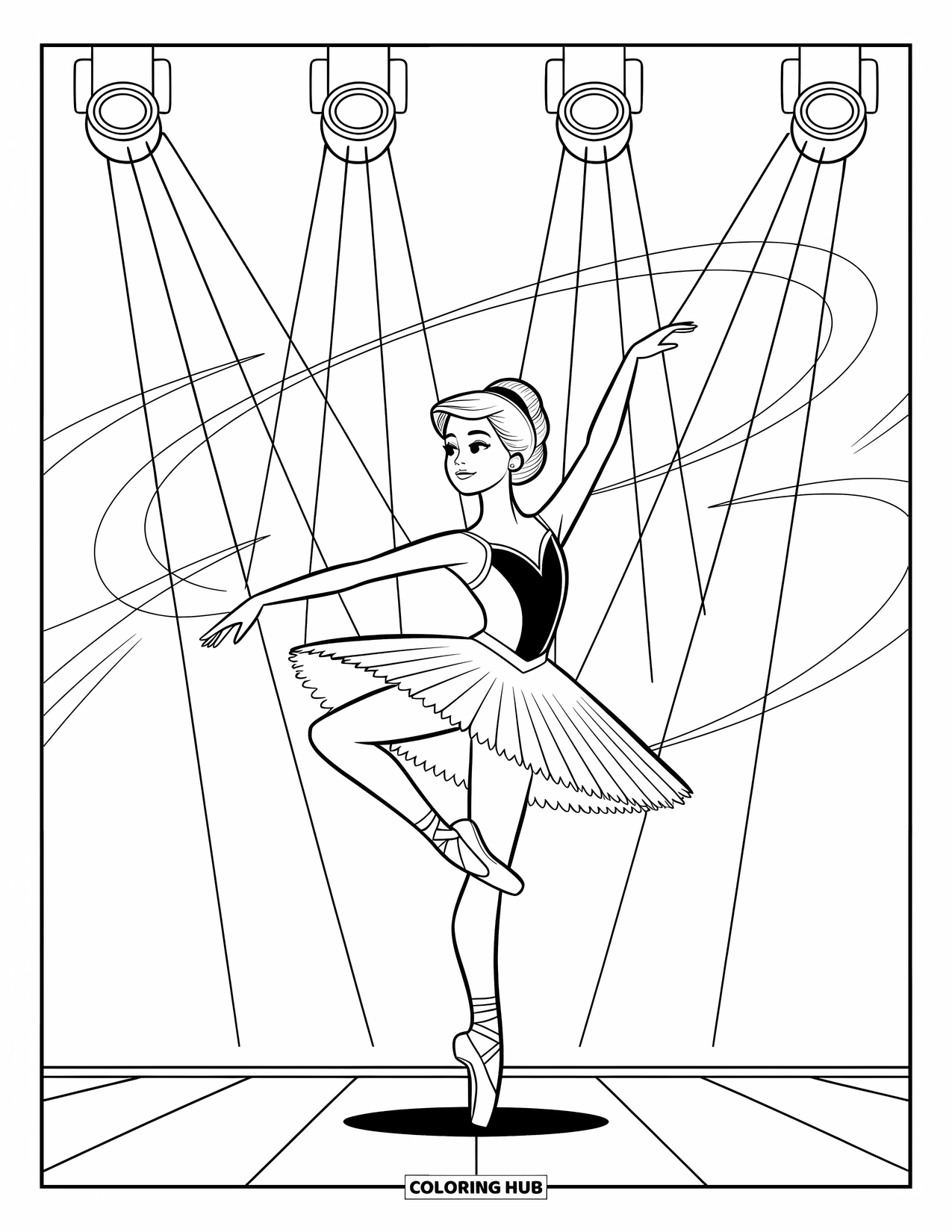 Ballerina Coloring Page for Kids: A ballerina stands tall under spotlights, her tutu flowing in soft, graceful lines