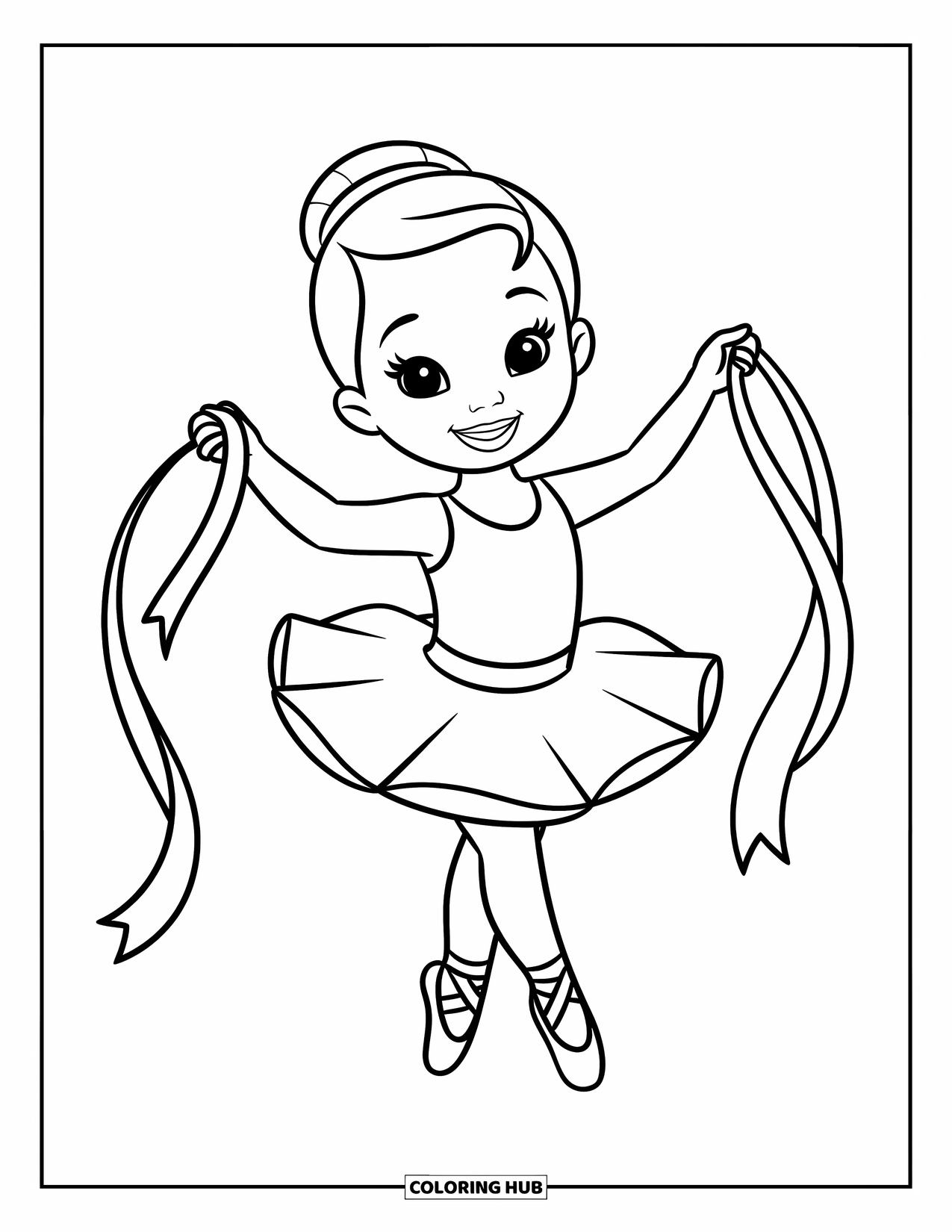 Ballerina Coloring Page for Kids: A ballerina stands with two ribbons, smiling warmly in a graceful pose