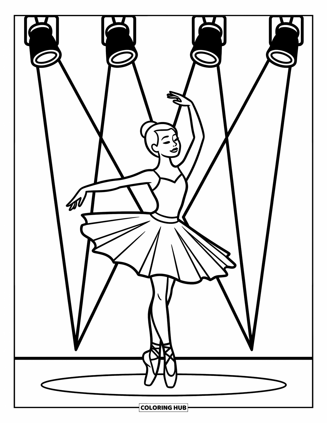 Ballerina Coloring Page for Kids: A ballerina strikes a graceful pose on stage beneath glowing spotlights