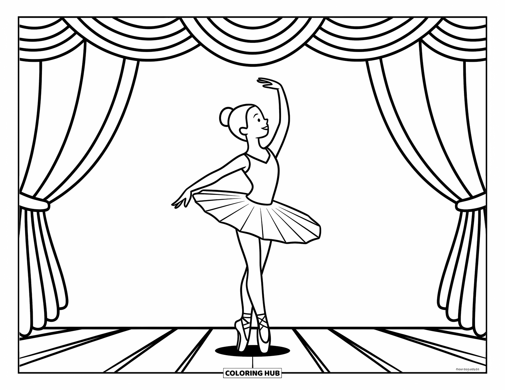 Ballerina Coloring Page for Kids: A ballerina takes a graceful bow on stage beneath softly drawn curtains