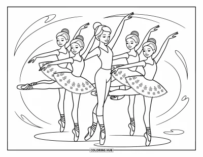 Balerina kifestő gyerekeknek: Egy balettanár segít három balerinának kecsesen pózolni, virágos díszítések között
