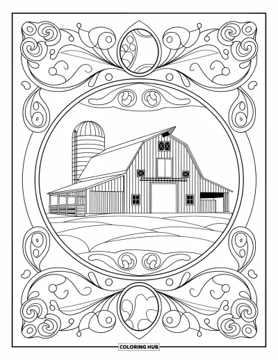Coloriage de grange pour adultes : Une grange et un silo sont au centre de volutes et de motifs paisley champêtres
