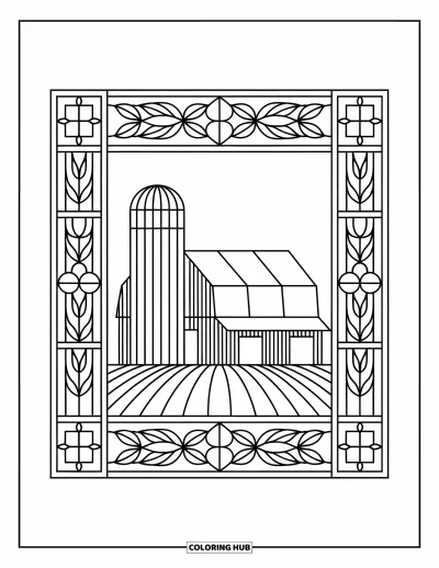 Coloriage de grange pour adultes : Une grange et un silo sont insérés dans un encadrement façon vitrail de lianes et de cultures