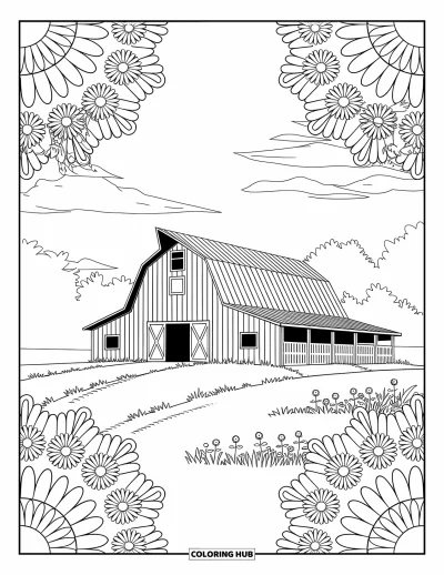 Coloriage de grange pour adultes : Une grange dans une prairie verdoyante est entourée de mandales floraux ensoleillés