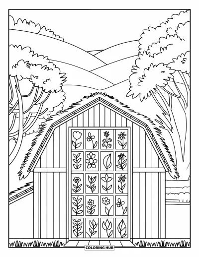 Coloriage de grange pour adultes : Une grange est entourée d'arbres et de collines avec des motifs floraux façon vitrail
