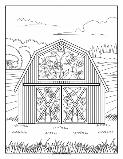 Coloriage de grange pour adultes : Une grange se dresse dans un champ sous un motif de vitrail floral