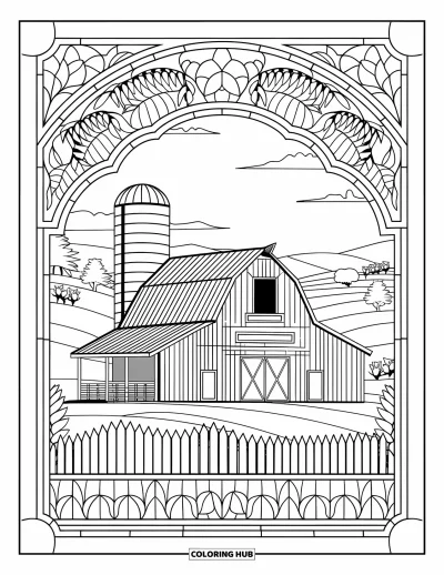 Coloriage de grange pour adultes : Une grange à pignon est insérée dans un cadre de vitrail orné de plantes