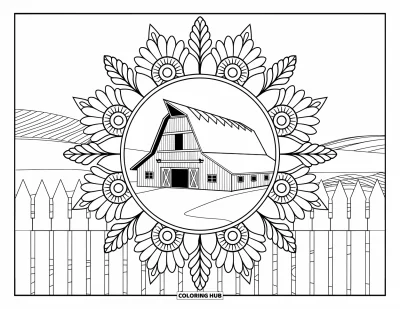 Coloriage de grange pour adultes : Une grange avec une palissade est encadrée de tournesols en mandale et de collines ondulantes