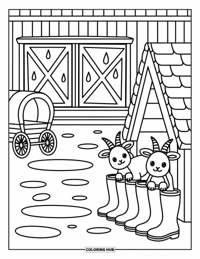 Coloriage de grange pour adultes : Un chariot couvert et des chèvres se reposent à côté d'une grange sous la pluie