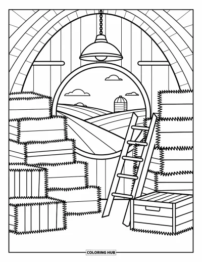 Coloriage de grange pour adultes : Un fenil douillet contient des caisses, du foin et une douce lampe avec vue sur les champs