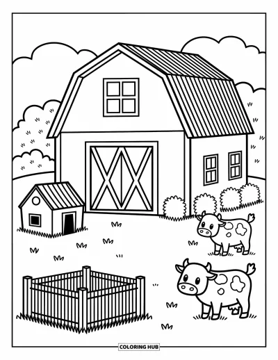 Coloriage de grange pour adultes : Une scène de grange douillette avec de mignonnes vaches, des meules de foin et un poulailler clôturé à proximité