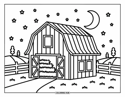 Coloriage de grange pour adultes : Une grange douillette se dresse sous un ciel étoilé avec du foin à l'intérieur et des collines tout autour