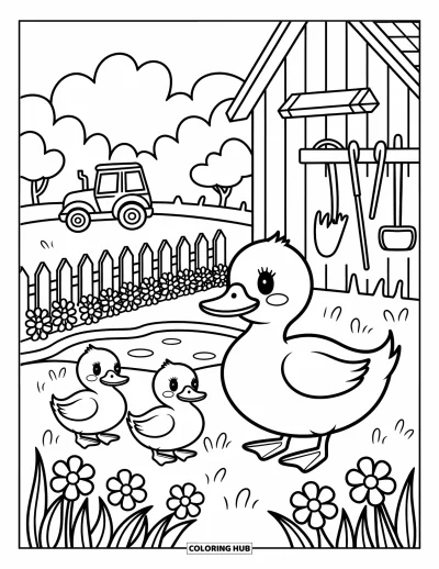 Coloriage de grange pour adultes : Une famille de canards se promène près d'un étang, d'outils de ferme et de fleurs en pleine floraison
